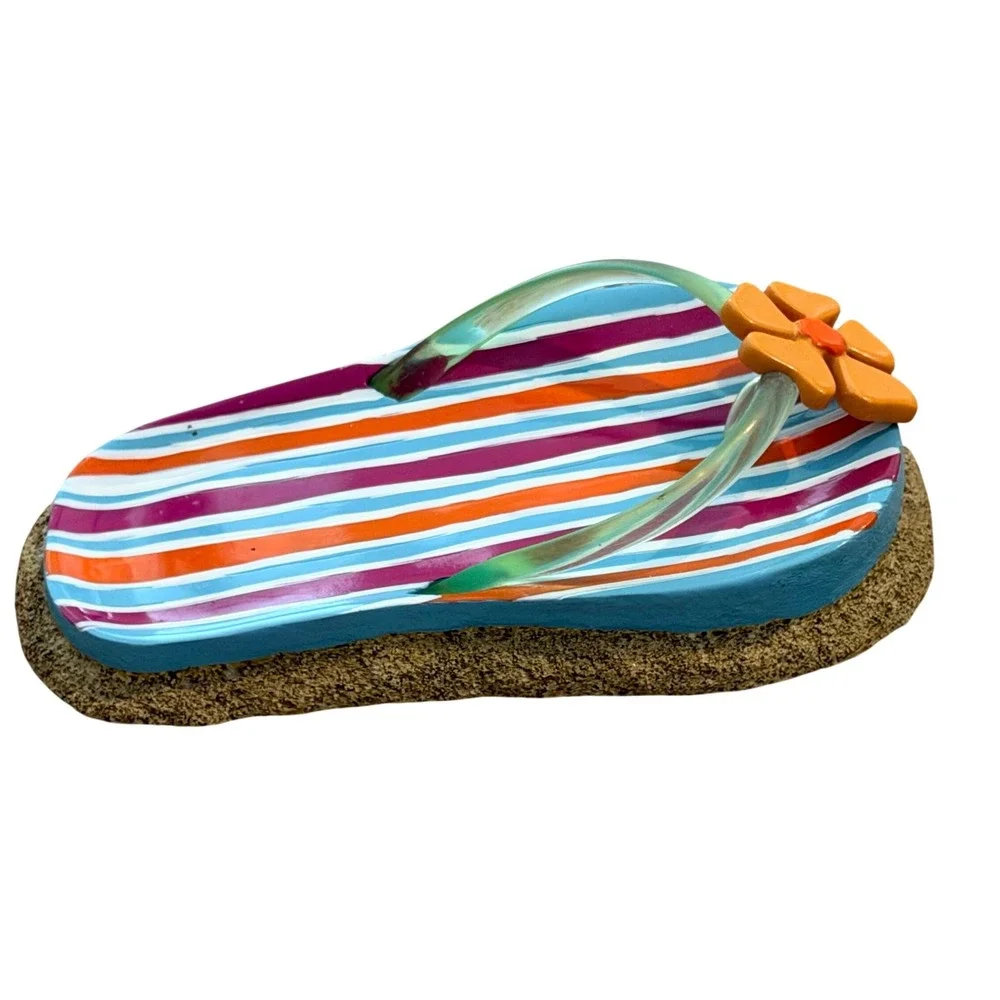 Sapria Flip Flop Soap Dish Trinket Tray Multi-Color Striped Resin Coastal Beachy